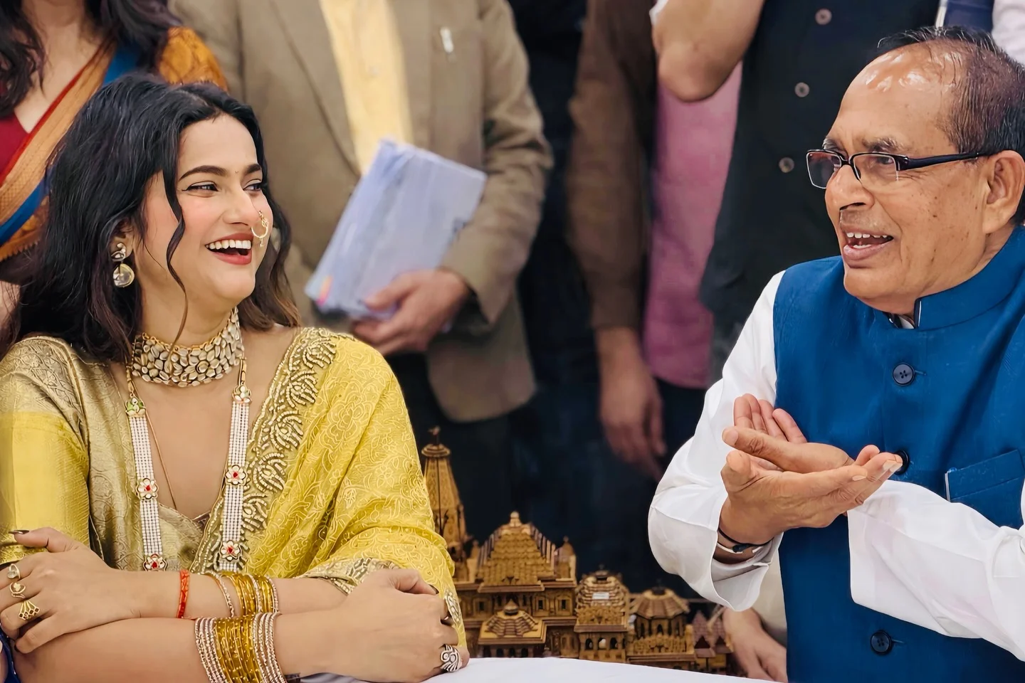 Photo shared by Aishwarya Kaushik on February 19, 2026 tagging @chouhanshivrajsingh. May be an image of one or more people, people smiling and text.