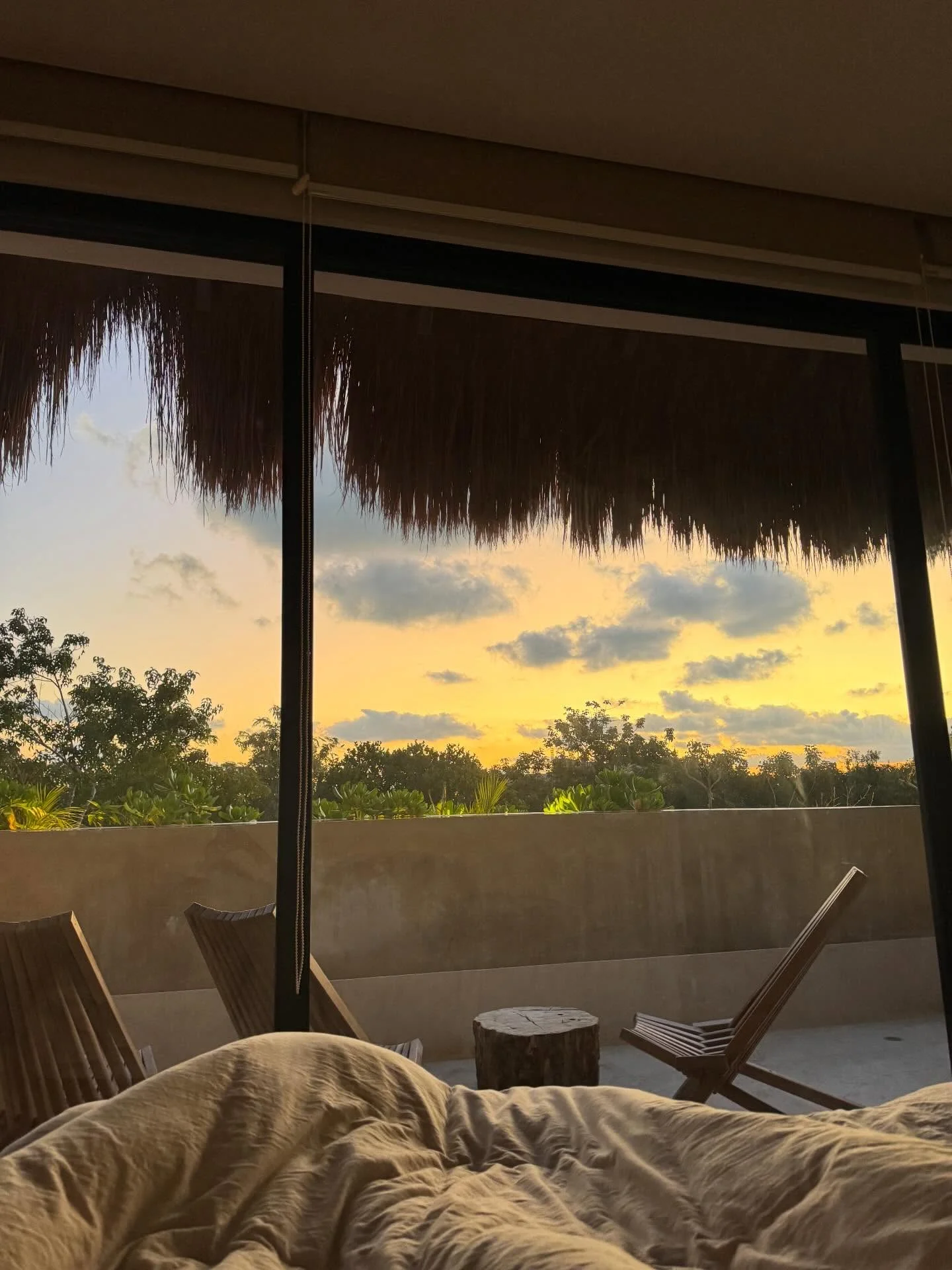 Photo by Alexandra on February 17, 2026. May be an image of mosquito net, hammock, bedroom, horizon, twilight, sky, palm trees and text.