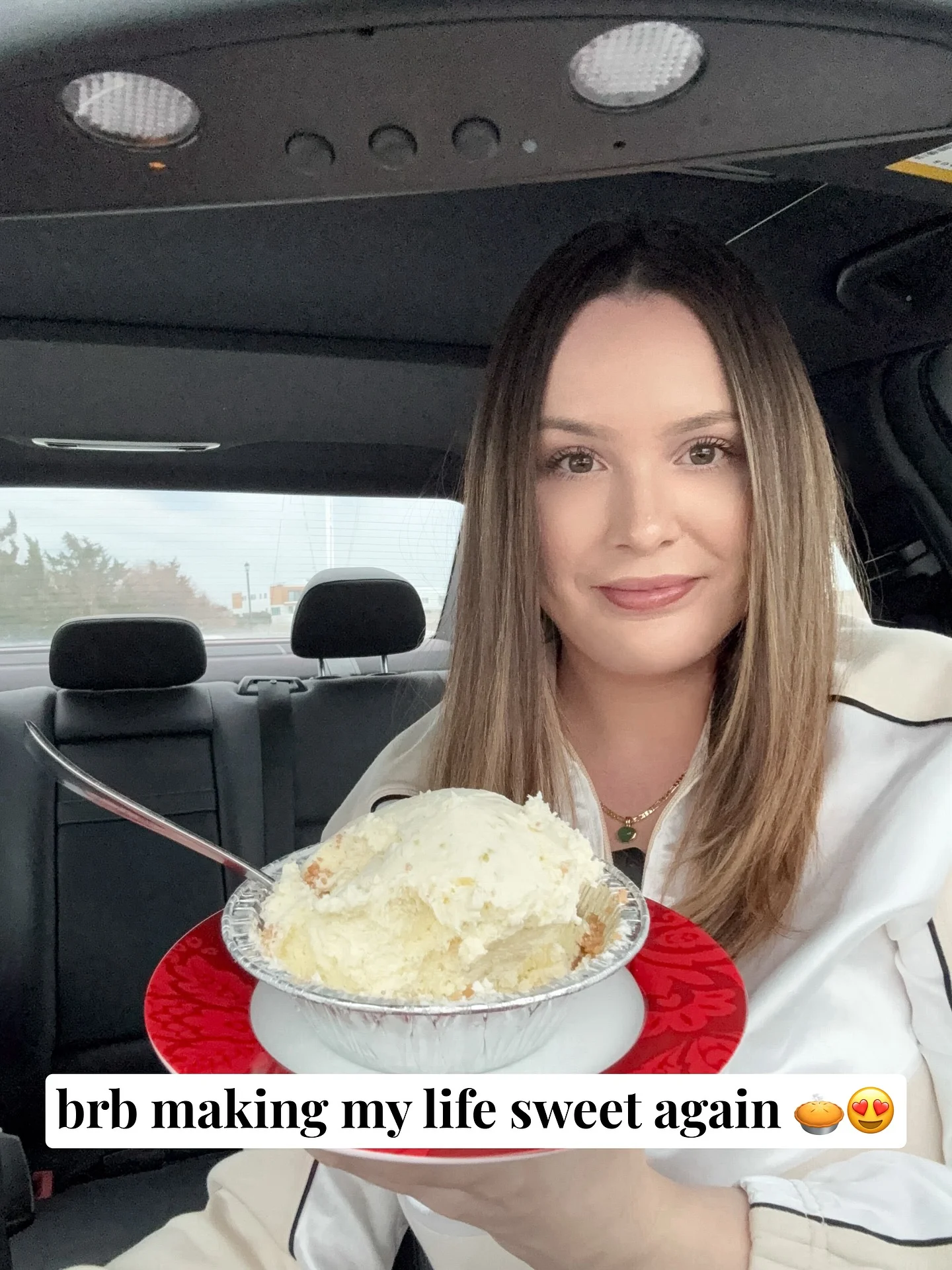 Photo by 🅰️lex Karpovek on February 21, 2026. May be an image of one or more people, ice cream, grits, seatbelt and text that says 'brb making my life sweet again'.