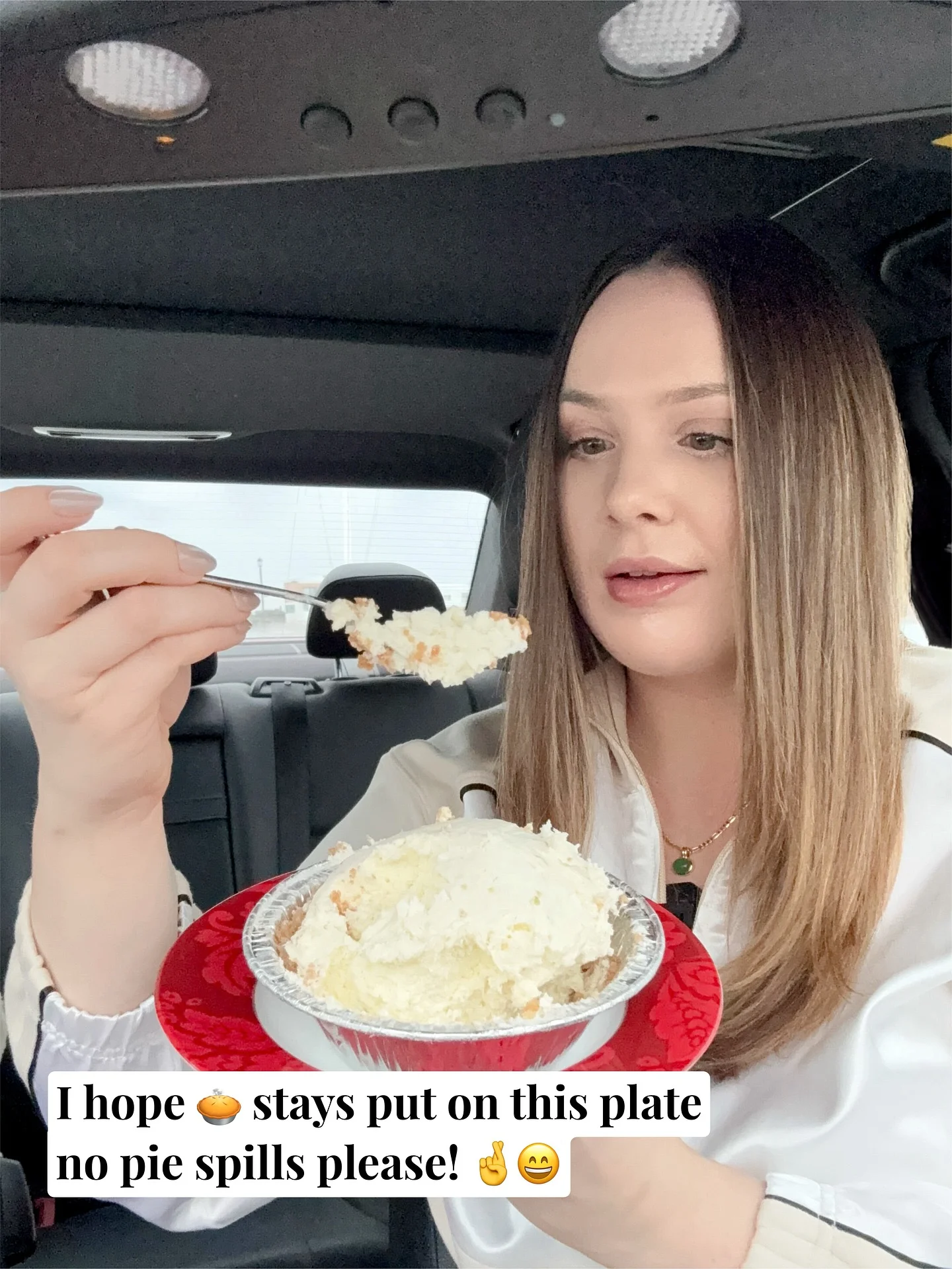 Photo by 🅰️lex Karpovek on February 21, 2026. May be an image of pie, seatbelt and text that says 'I hope stays put Thopestaysputonthisplate on on this plate no pie spills please!'.