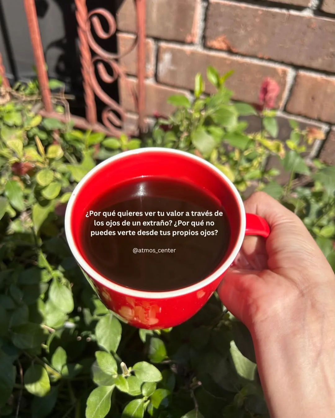 Photo shared by Almu Solis on February 22, 2026 tagging @atmos_center. May be an image of coffee cup, cup, tea, teacup and text that says '¿Por qué quieres ver tu ¡Porqueéquiresvertuvaloratravesde valor a través de los ojos de un extraño? Por qué no puedes verte desde tus propios ojos? @atmos center'.