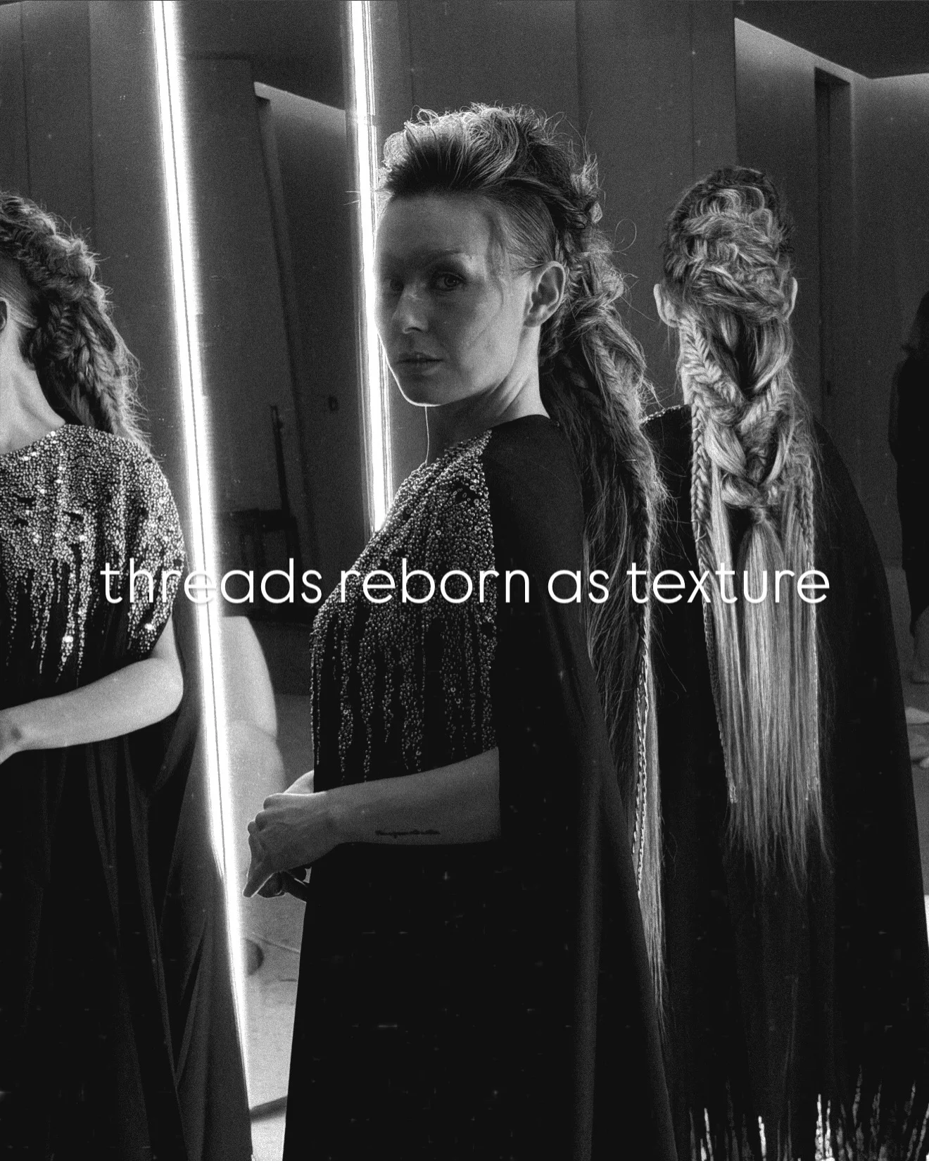 Photo by Amadeus Sabra on February 22, 2026. May be a black-and-white image of one or more people, makeup, hair, dress and text that says 'threadsreborn tbreads.rebornastexture thre threads ads reborn as texture'.