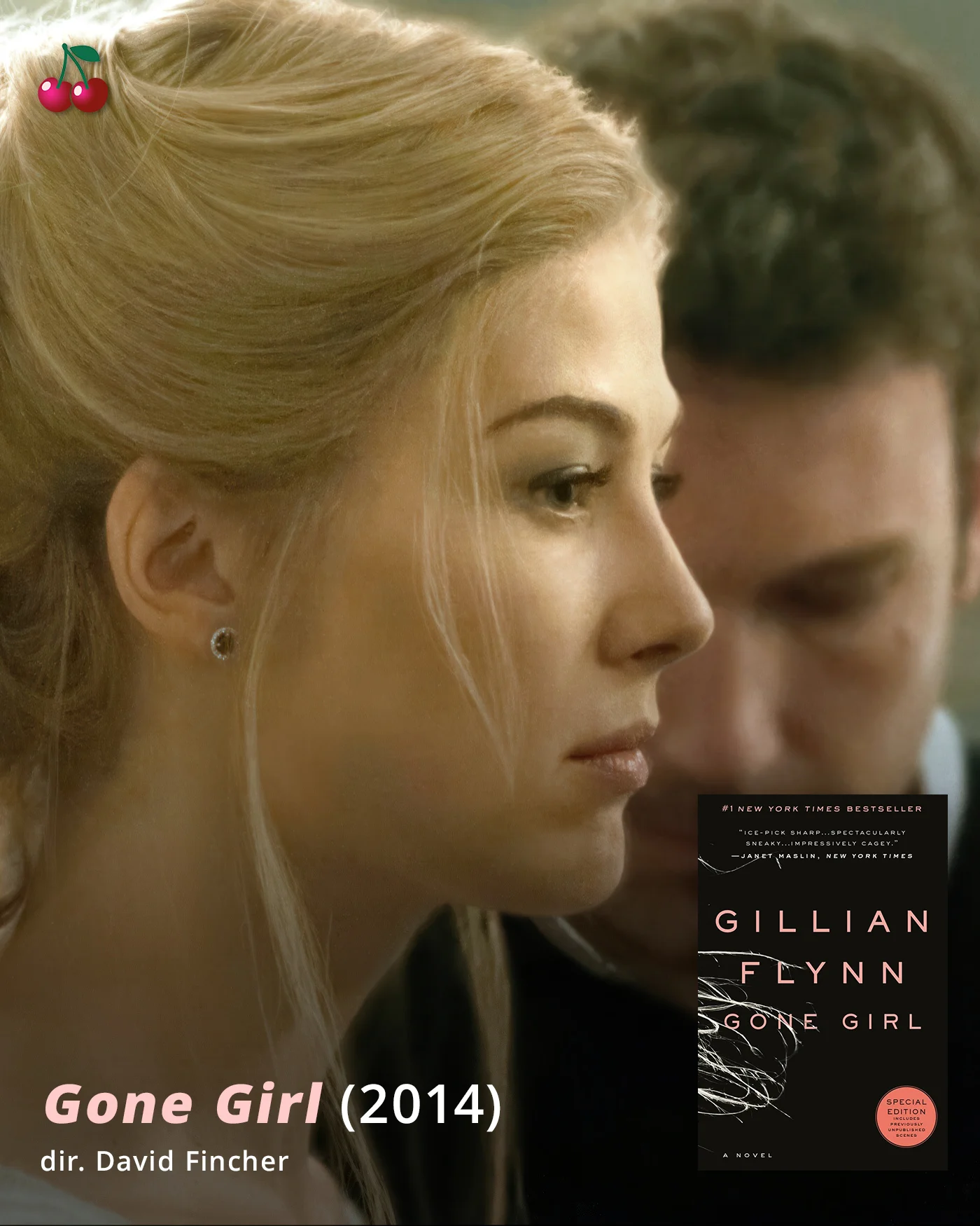 Photo shared by CherryPicks on March 18, 2026 tagging @thegillianflynn, and @mspike. May be an image of one or more people, blonde hair, poster and text.