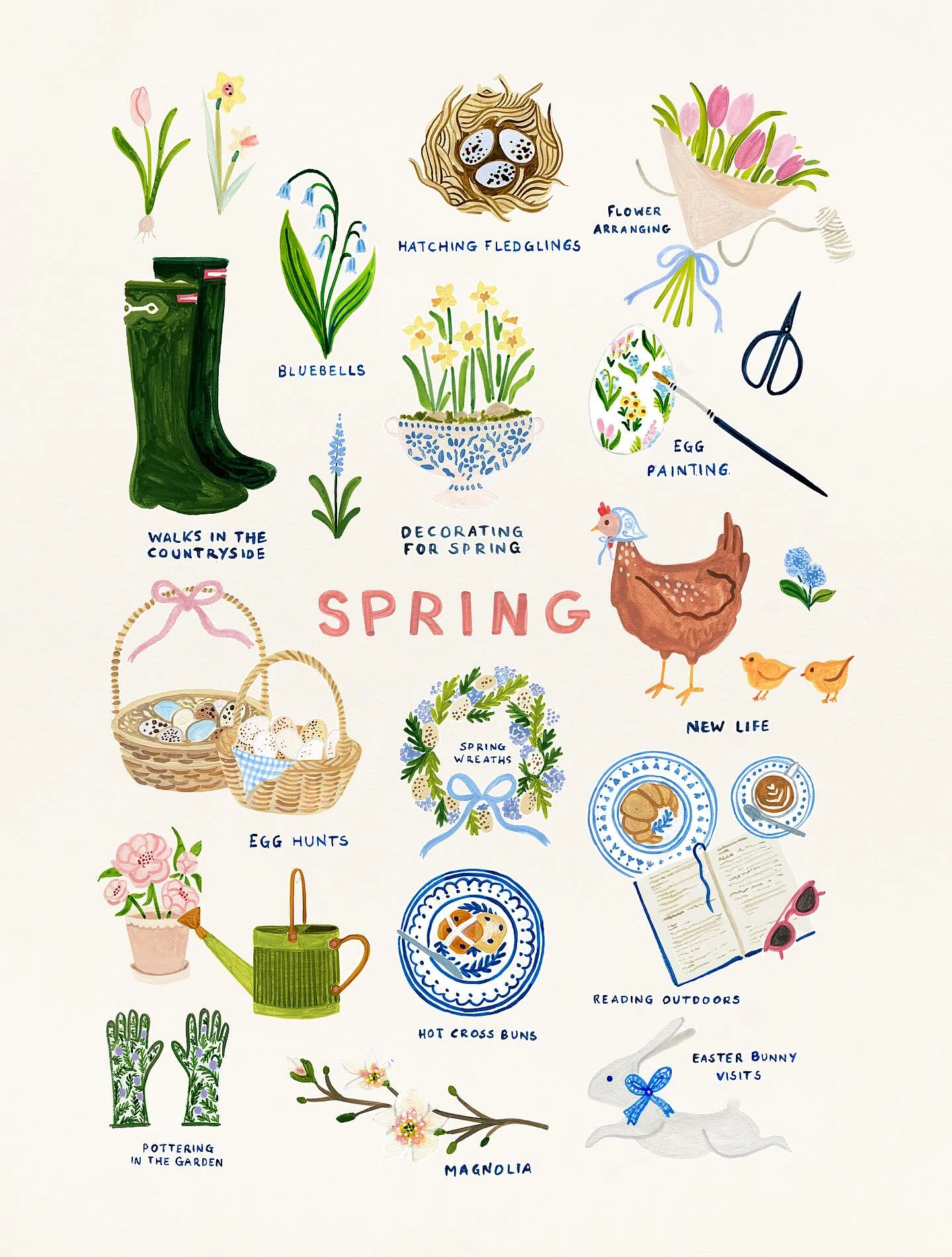 Photo by Amber Davenport on March 18, 2026. May be a doodle of poster and text that says 'FLOWER HATCHINGFLEDGLINGS HATCHING FLEDGLINES ARRANGING BLUEBELLS of P60ag& WALKS CTH IN THE COUNTRYSIDE EGG PAINTING DECORATING FOR FOR SPRING SPRING SPRING WREATHS NEW LIFE EGG HUNTS HOT CROSS BUNS READING OUTDOORS 歡撃 POTTERING THE GARDEN EASTER BUNNY VISITS MAGNOLIA'.