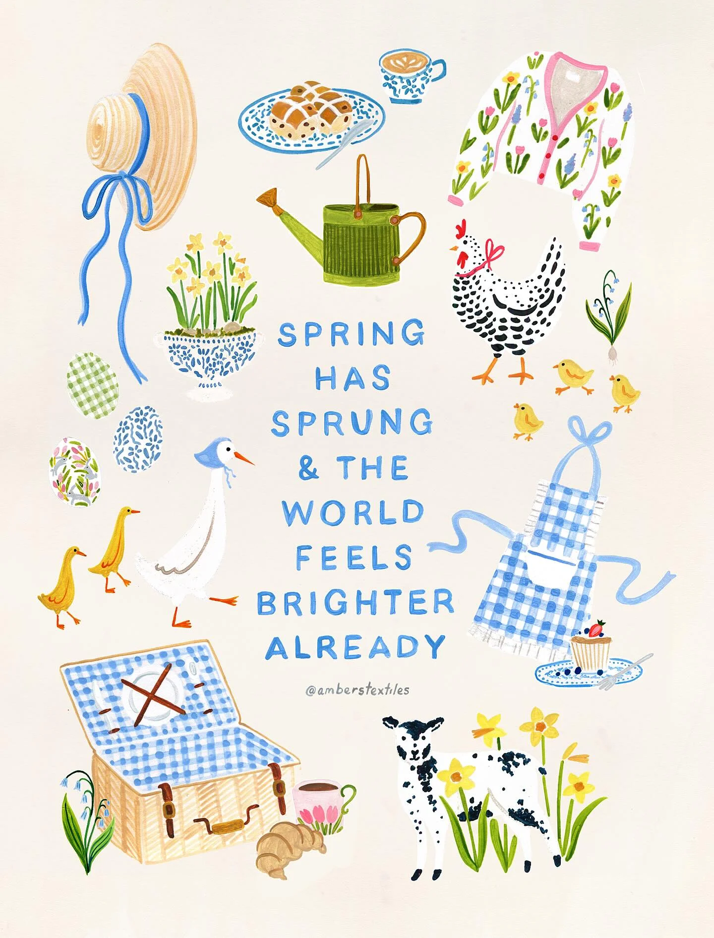 Photo by Amber Davenport on March 20, 2026. May be an illustration of ‎poster and ‎text that says '‎اي FE+L6S SPRING HAS SPRUNG & THE WORLD FEELS BRIGHTER ALREADY @amberstextiles UIEmD‎'‎‎.