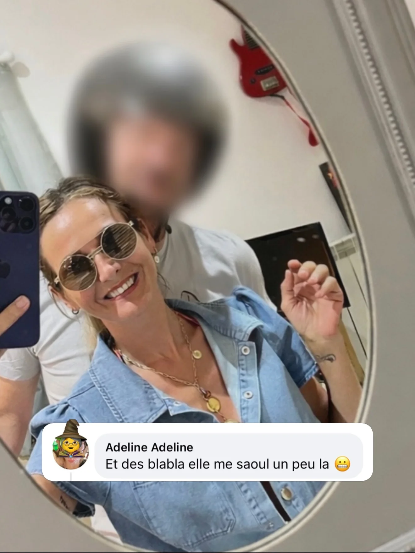 Photo by 𝓐𝓶𝓫𝓻𝓮 𝓮𝓽 𝓼𝓪 𝓯𝓪𝓶𝓲𝓵𝓵𝓮 on March 13, 2026. May be a selfie of one or more people, blonde hair, sunglasses and text that says 'E Adeline AdelineAdeline Adeline Et des blabla elle me saoul un peu Etdesblabalemesaoulunpeula la'.