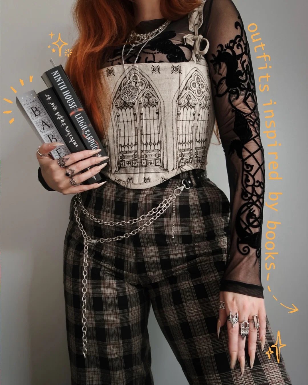 Photo by 🍂 𝖆𝖒𝖎 | 𝐬𝐩𝐨𝐨𝐤𝐲 𝐬𝐭𝐲𝐥𝐢𝐬𝐭 | 𝐟𝐢𝐧𝐚𝐥 𝐠𝐢𝐫𝐥 | 𝐚𝐮𝐭𝐮𝐦𝐧 𝐞𝐧𝐭𝐡𝐮𝐬𝐢𝐚𝐬𝐭 🍂 on March 05, 2026. May be an image of ‎one or more people, makeup, fishnet stockings, book and ‎text that says '‎NINTH NINTHHOUSE HOUSE ታት W سا 光柔象 LEIGH VILESINS BARDUG outfits ts inspi inspired red by 語 S គ yock Cande‎'‎‎.