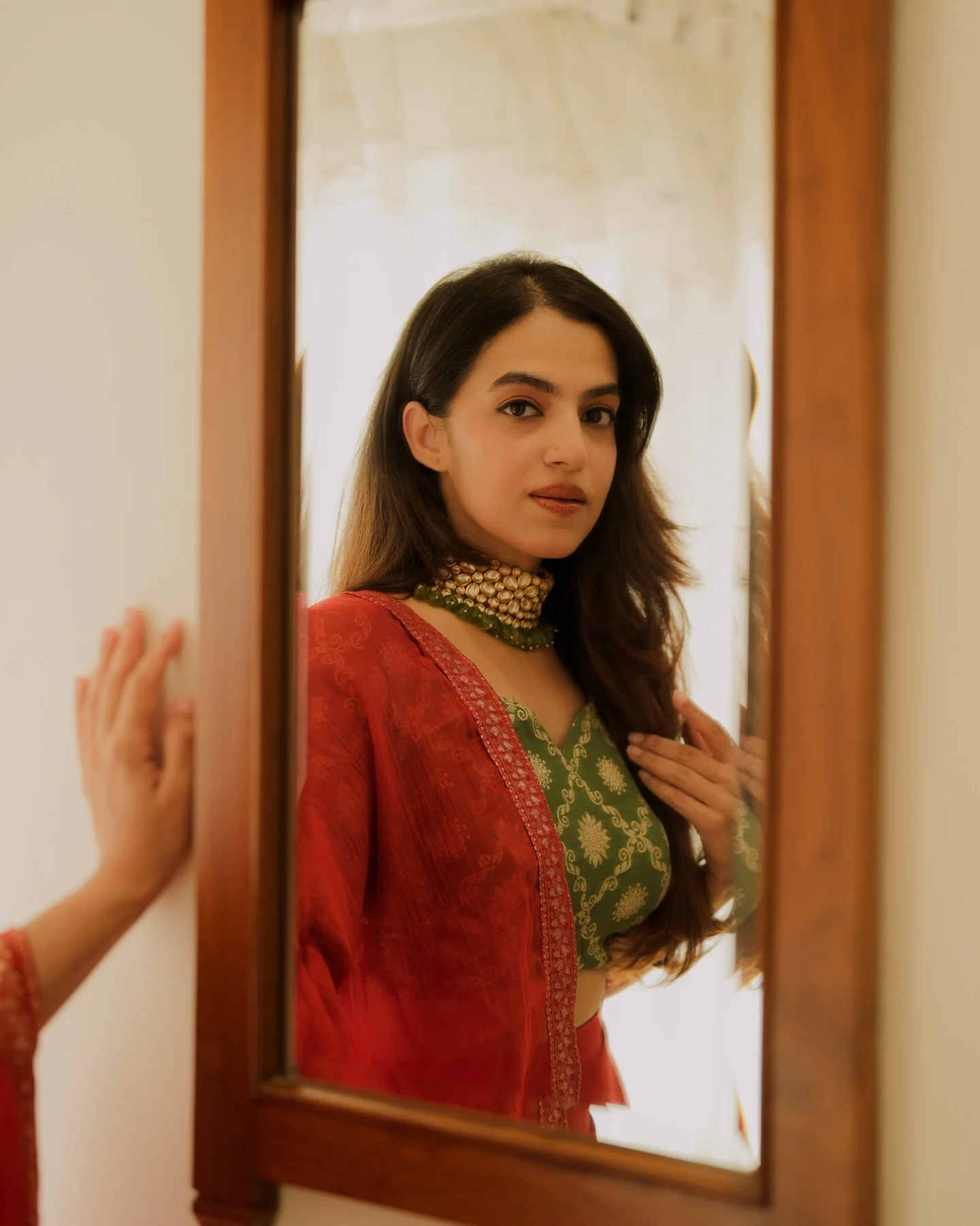 Photo by Amitha Mathew Jobin on March 12, 2026. May be an image of one or more people, makeup, shawl, mirror and text.