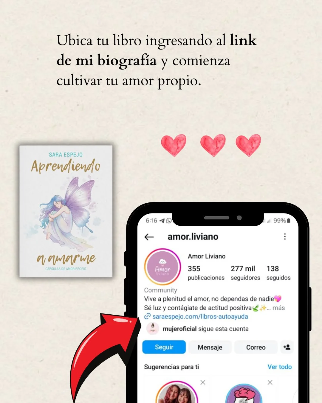 Photo by Amor Liviano on March 02, 2026. May be a doodle of poster, book, magazine and text that says 'Ubica tu libro ingresando al link de mi biografía y comienza cultivar tu amor propio. SARA ESPEJO Aprendiendo 6:16 all 99% aamarme η CAPSULASE 提A制 AMU MUH RPROPIO amor.liviano Amor Liviano Amor 355 publicaciones 277 mil 138 seguidores seguidos Community Vive plenitud el amor, no dependas de nadie Sé luz contágiate actitud positiva હ saraespejo. .com/libros- -autoayuda más mujeroficial sigue esta cuenta Seguir Mensaje Correo Sugerencias para ti Ver todo'.