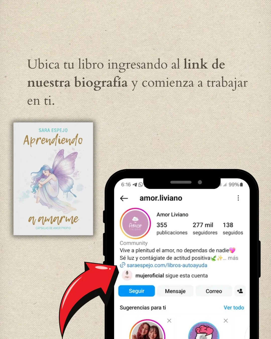 Photo by Amor Liviano on March 19, 2026. May be a meme of poster, book and text that says 'Ubica τι libro ingresando al link de nuestra biografía y comienza a trabajar en ti. SARA ESPEJO Aprendiendo 6:16 all 99％ amor.liviano a nawarwe CAPSULAS CAPSUASDE CAPSULASDEAMORPAOFIO AMOR PROPIO Amor Liviano Amor 355 277 277mil mil publicaciones seguidores 138 seguidos Community Vive plenitud el amor, no dependas de nadie Sé luz contágiate actitud positiva ල saraespejo saraespejo.com/libros-autoayuda com/libros mujeroficial sigue esta cuenta más Seguir Mensaje Correo Sugerencias para ti Ver todo'.