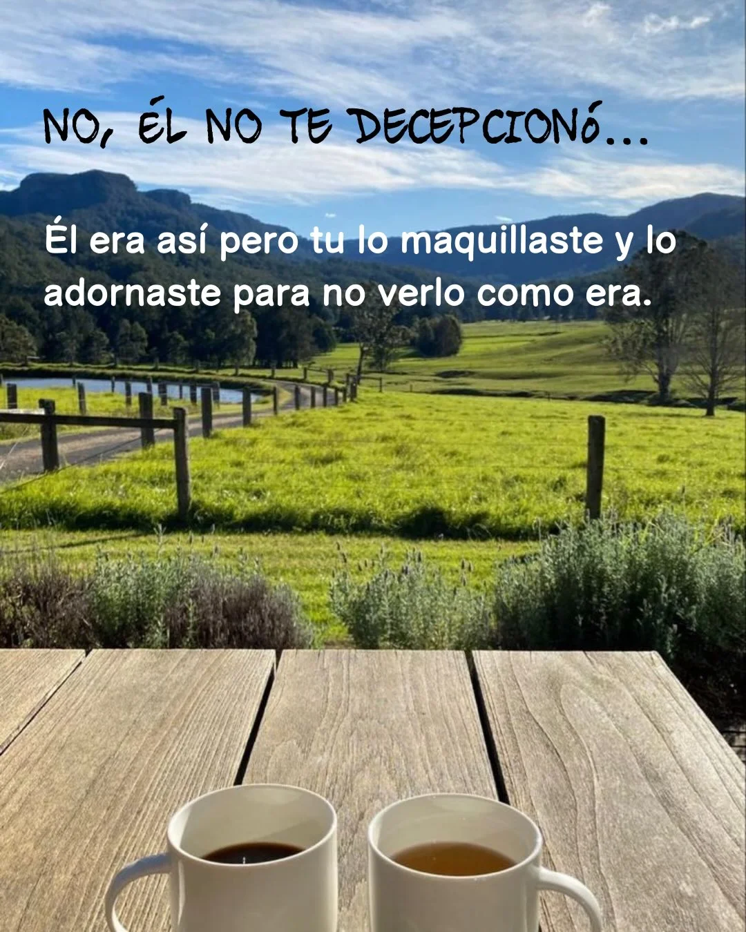 Photo by ILUSTRACIONES - DIBUJOS on March 18, 2026. May be an image of coffee cup, pie, outdoors and text that says 'NO, ÉL NO TE DECEPCIONÓ... DECEPC Él era así pero tu lo maquillaste y lo adornaste para no no verlo como era.'.