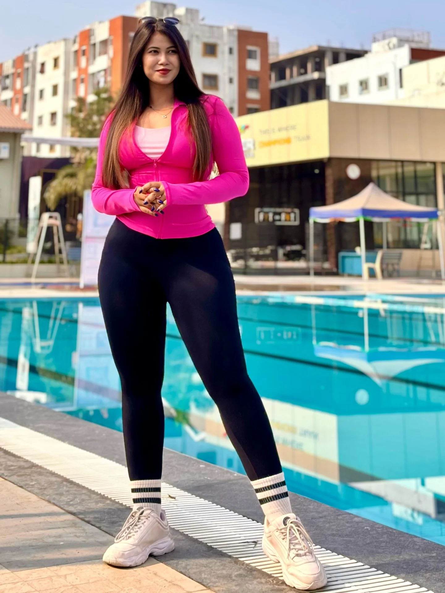 Photo by Amrita Singh on February 24, 2026. May be an image of activewear, top, tights, sportswear, outdoors and text.