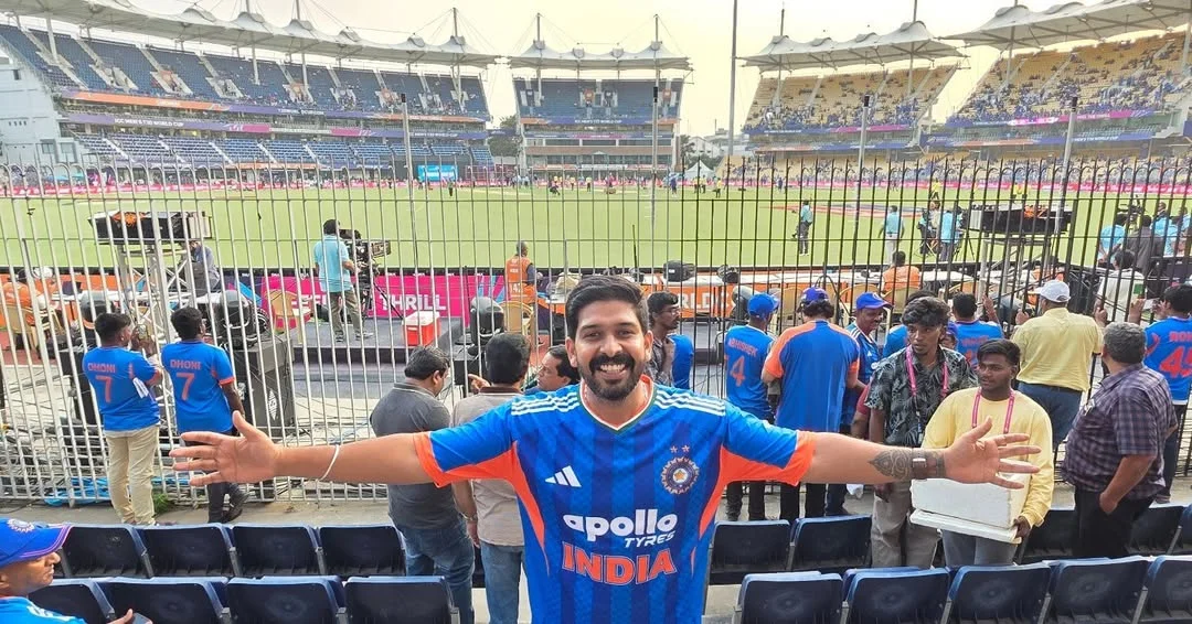 Photo by Abishek Chandamarakshan on February 26, 2026. May be an image of cricket, stadium and text that says 'DHOMI apollo TYRES INDIA'.