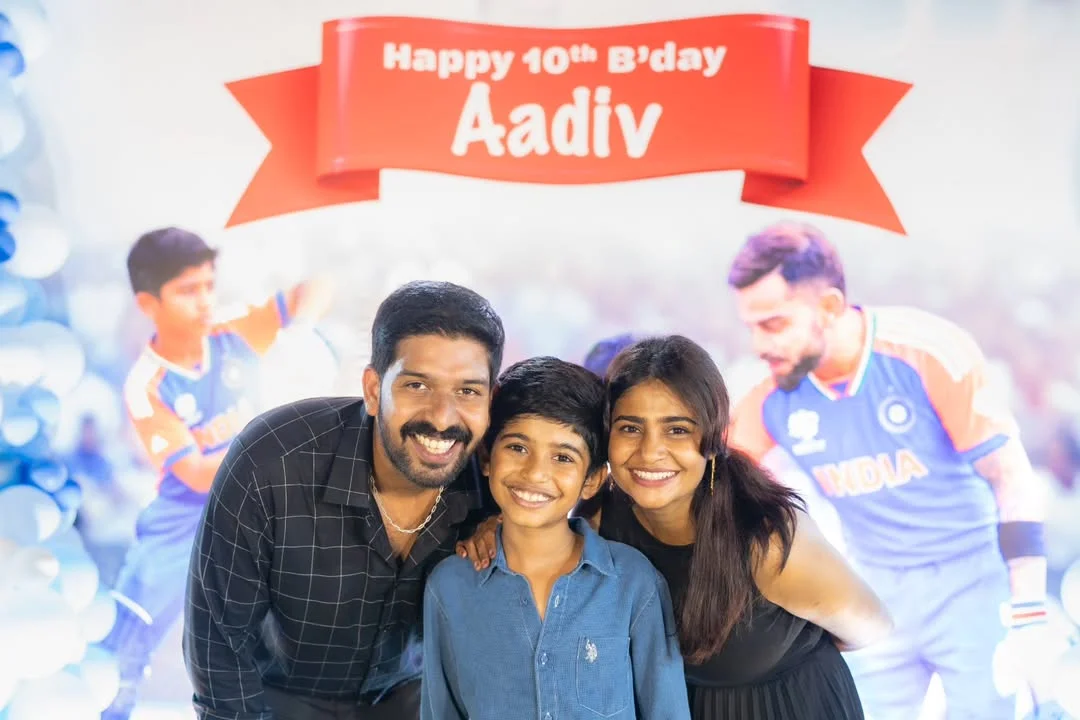 Photo by Abishek Chandamarakshan on February 27, 2026. May be an image of smiling, balloon, poster, banner, cake and text that says 'Happy 10th B'day Aadiv 호 O INDIA'.