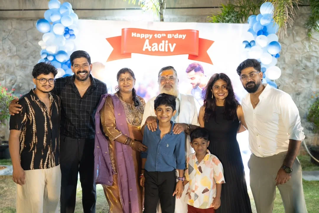 Photo by Abishek Chandamarakshan on February 27, 2026. May be an image of one or more people, people smiling and text that says 'Happy 10th B'day Aadiv'.