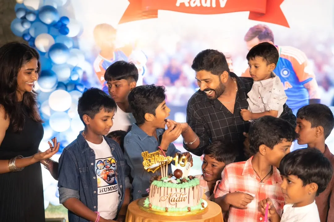 Photo by Abishek Chandamarakshan on February 27, 2026. May be an image of child, smiling, cake, balloon, picnic and text.